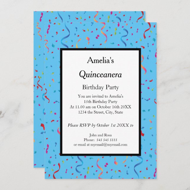 Convite Quinceanera blue confetti festa de aniversário con (Frente/Verso)