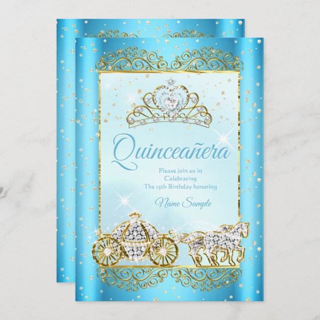 Convite Quinceanera Blue Dourado conto Cinderela (Frente/Verso)