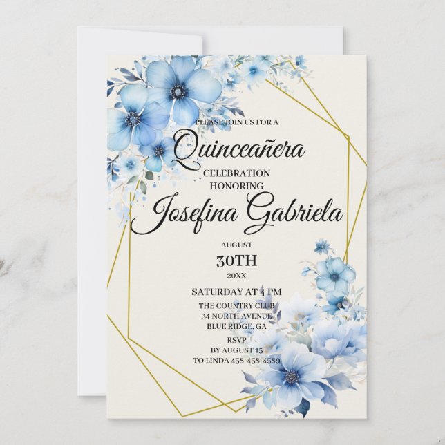 Convite Quinceañera blue floral Invitation (Frente)
