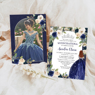 Convite Quinceañera Blue Floral Princess Birthday Foto