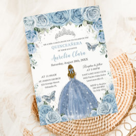 Convite Quinceanera Blue Floral Silver Butterflies Blona