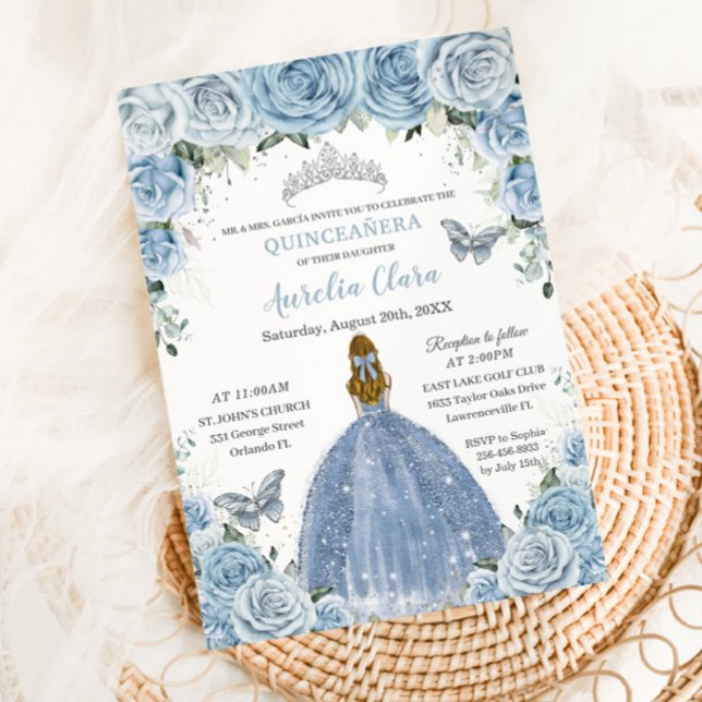 Convite Quinceanera Blue Floral Silver Butterflies Blona (Criador carregado)