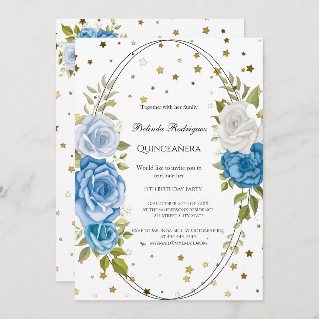 Convite Quinceañera Blue Flores de ouro (Frente/Verso)