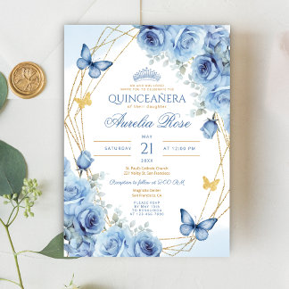 Convite Quinceañera Blue Frame Dourado Frame Butterfly Cor