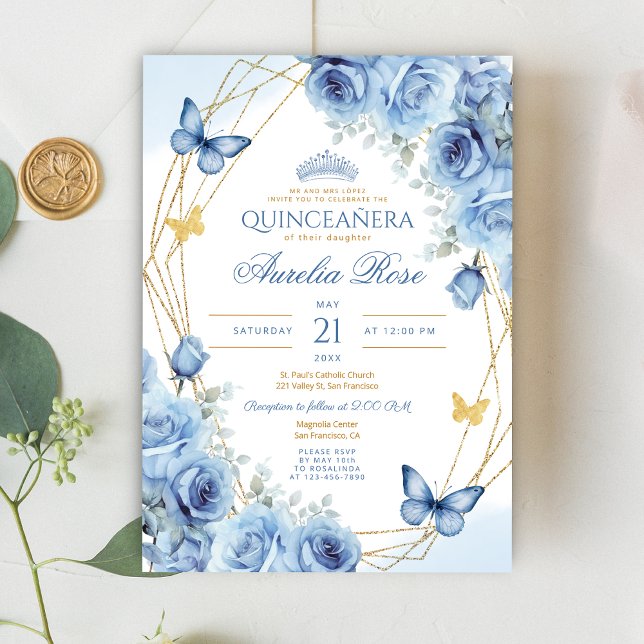 Convite Quinceañera Blue Frame Dourado Frame Butterfly Cor (Criador carregado)