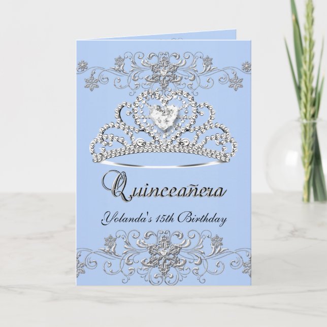 Convite Quinceanera Blue Glitter Tiara Foto (Frente)