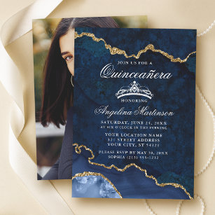 Convite Quinceanera Blue Marble Agate Geode Foto