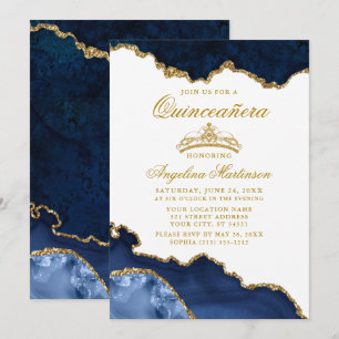 Convite Quinceanera Blue Marble Crown Invent