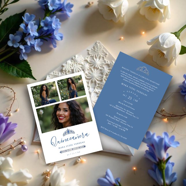 Convite Quinceañera Blue Princess Tiara 3-Photos Spanish (Sophisticated Blue Princess Quinceañera Tiara 3-Photos Invitation Cards in Spanish.)