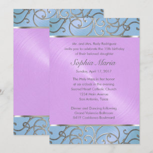 Convite Quinceanera Blue Purple Silver Swirs