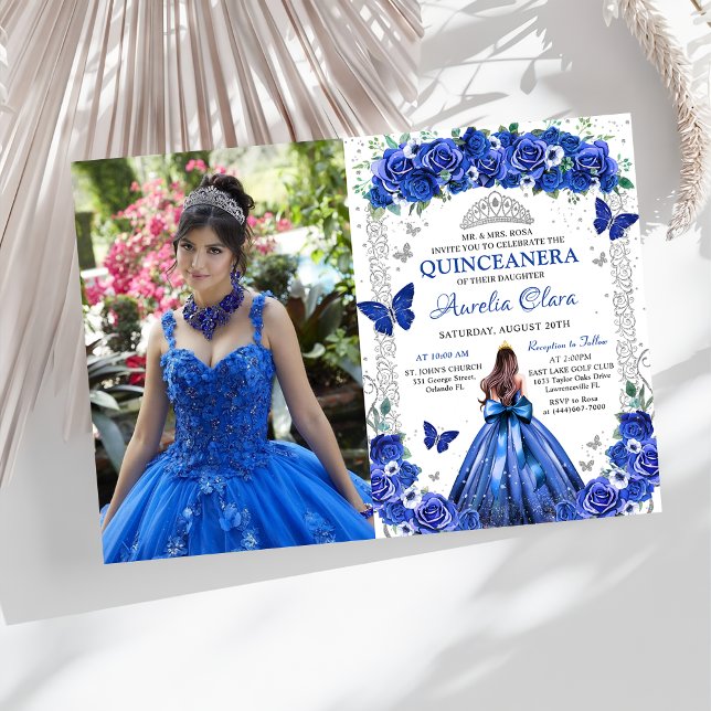 Convite Quinceañera Blue Rosas Floral Princesa Foto (Criador carregado)