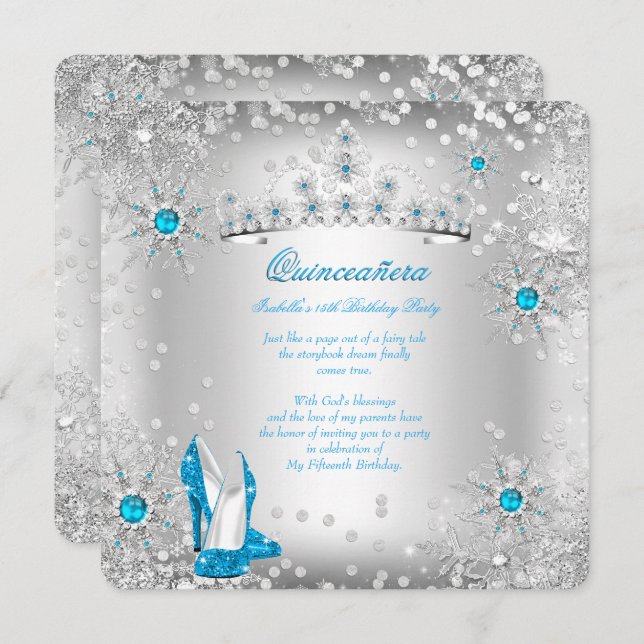 Convite Quinceanera Blue Silver Winter Wonderland (Frente/Verso)