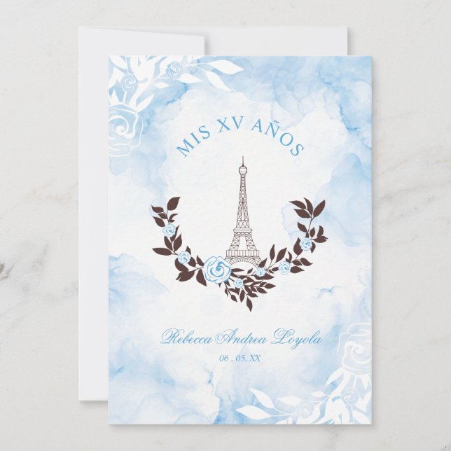 Convite Quinceañera Blue Watercolor Chic Paris Eiffel (Frente)