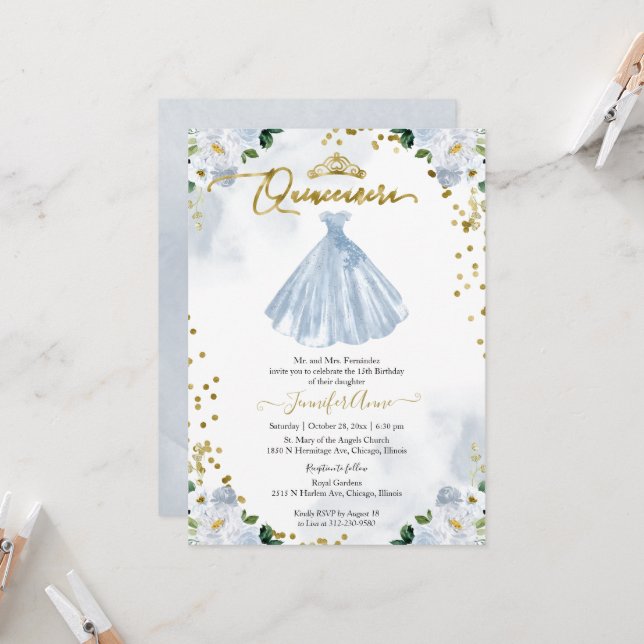 Convite Quinceanera Blue Watercolor Vestido Floral (Frente/Verso In Situ)