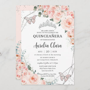 Convite Quinceañera Blush Borboletas Florais Coroa Pratead