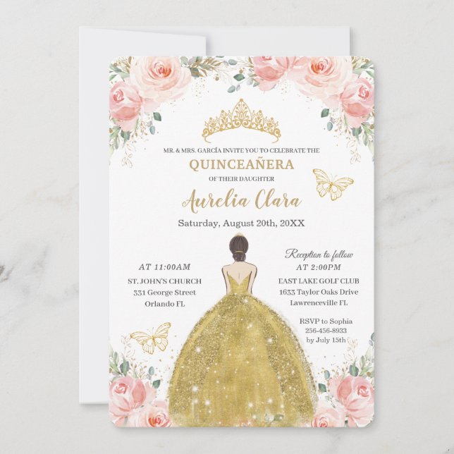 Convite Quinceañera Blush Borboletas Florais Princesa Dour (Frente)