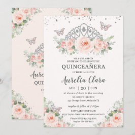 Convite Quinceañera Blush - Borboletas Florais Rosa
