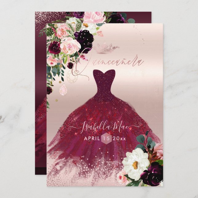 Convite Quinceanera Blush Burgundy Flores de Aquarela (Frente/Verso)