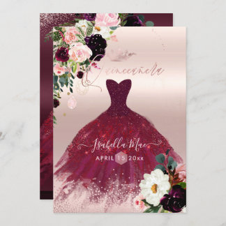 Convite Quinceanera Blush Burgundy Flores de Aquarela