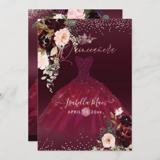 Convite Quinceanera Blush Burgundy Flores de Aquarela