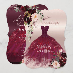 Convite Quinceanera Blush Burgundy Flores de Aquarela