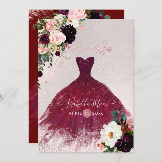 Convite Quinceanera Blush Burgundy Flores de Aquarela (Frente/Verso)