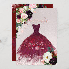 Convite Quinceanera Blush Burgundy Flores de Aquarela