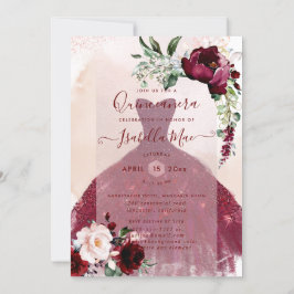 Convite Quinceanera Blush Burgundy Flores de Aquarela