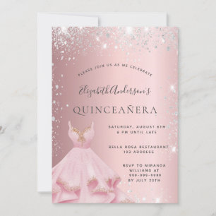 Convite Quinceanera blush cor-de-rosa-prateado vestido de