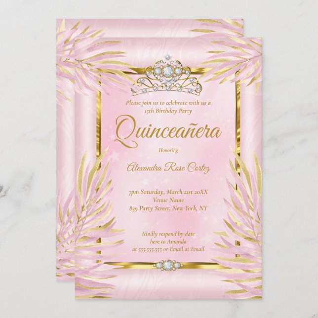 Convite Quinceanera Blush Cor-de-Rosa Tiara Festa de anive (Frente/Verso)