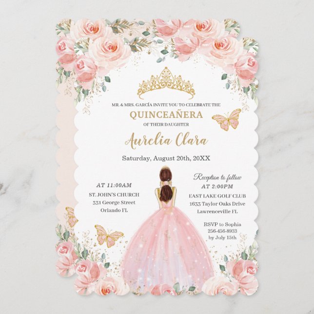 Convite Quinceañera Blush Dourada Floral Rosa Borboleta (Frente/Verso)