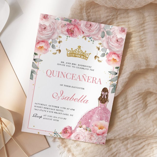 Convite Quinceanera Blush Dourada Princesa Rosa (Criador carregado)