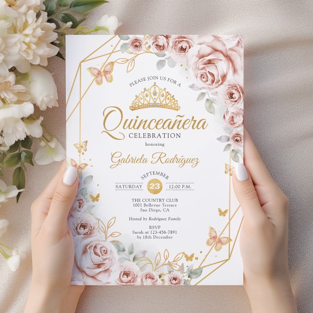 Convite Quinceanera Blush Dourado Rosa (Criador carregado)