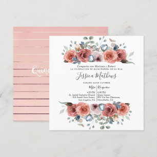 Convite Quinceanera, Blush e Azul Dusty Floral, Espanha
