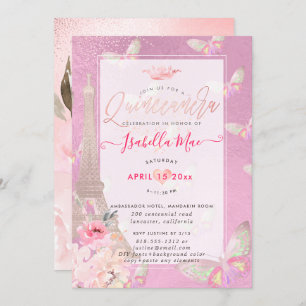 Convite Quinceanera Blush Eiffel Tower, Borboletas
