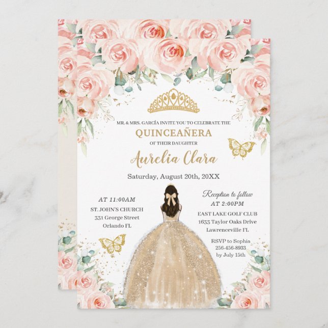 Convite Quinceañera Blush Floral Champagne Princesa (Frente/Verso)