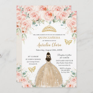 Convite Quinceañera Blush Floral Champagne Princesa
