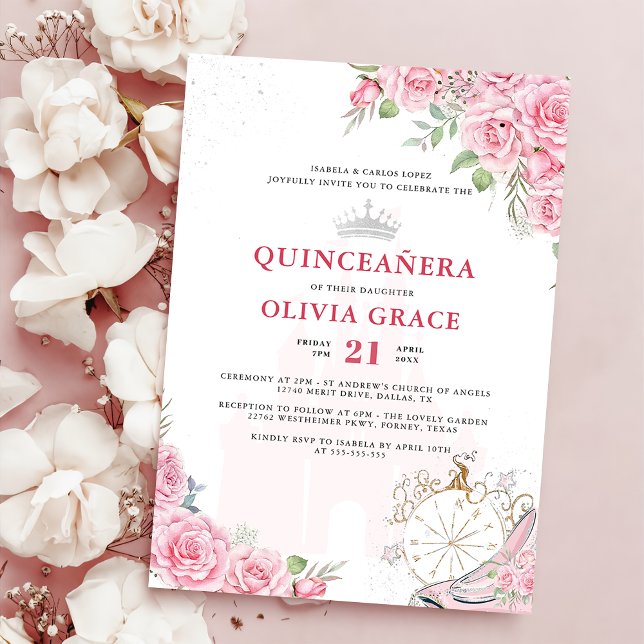 Convite Quinceanera Blush Floral Cor-de-Prata Rosa (Criador carregado)