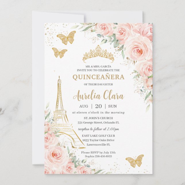 Convite Quinceañera Blush Floral Paris Eiffel Champagne (Frente)