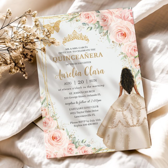 Convite Quinceanera Blush Floral Princesa Champanhe Vestid (Criador carregado)