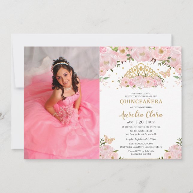 Convite Quinceañera Blush Floral Princesa Rosa Foto (Frente)