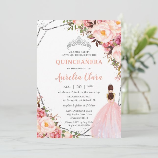 Convite Quinceañera Blush Floral Princesa Rosa Silver Invi (Em pé/Frente)