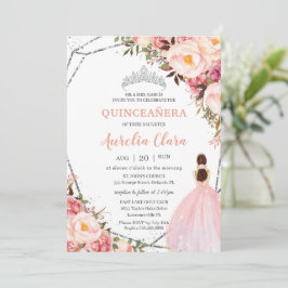 Convite Quinceañera Blush Floral Princesa Rosa Silver Invi