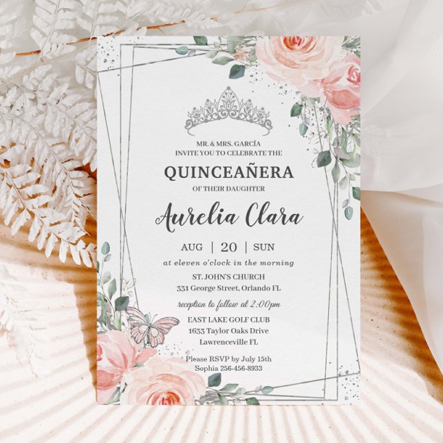 Convite Quinceañera Blush Floral Rosa, Cor-de-Rosa, Coroa (Criador carregado)