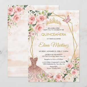 Convite Quinceanera Blush Flores Rosa Borboleta