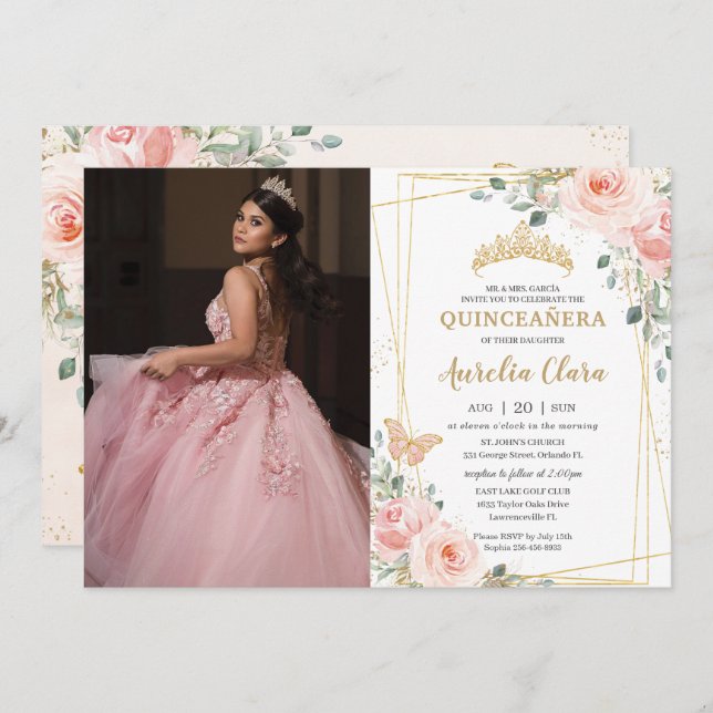 Convite Quinceañera Blush Florflies Foto (Frente/Verso)