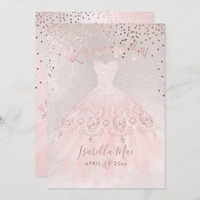 Convite Quinceanera Blush Gown+Confetti Iridescente Bckgra (Frente/Verso)