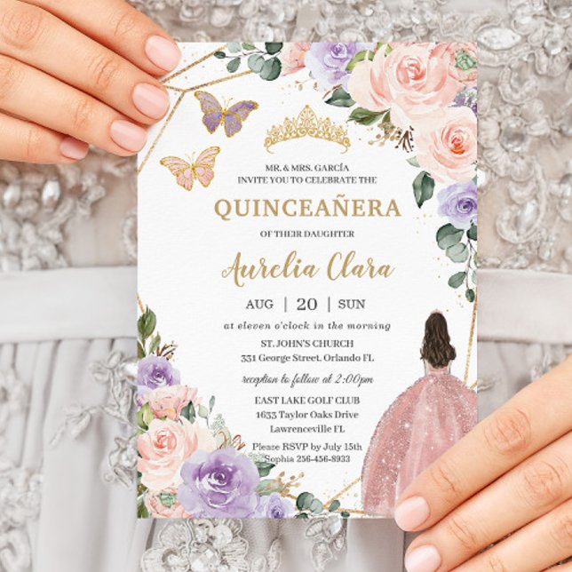 Convite Quinceañera Blush Lilac Púrpura Rosa 16º (Criador carregado)