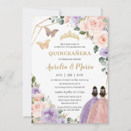 Convite Quinceañera Blush Lilac Roxo Rosa Gêmeas Florais