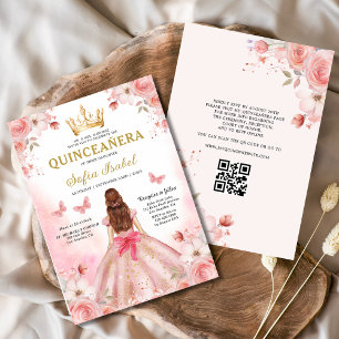 Convite Quinceañera Blush Pink Código QR Floral